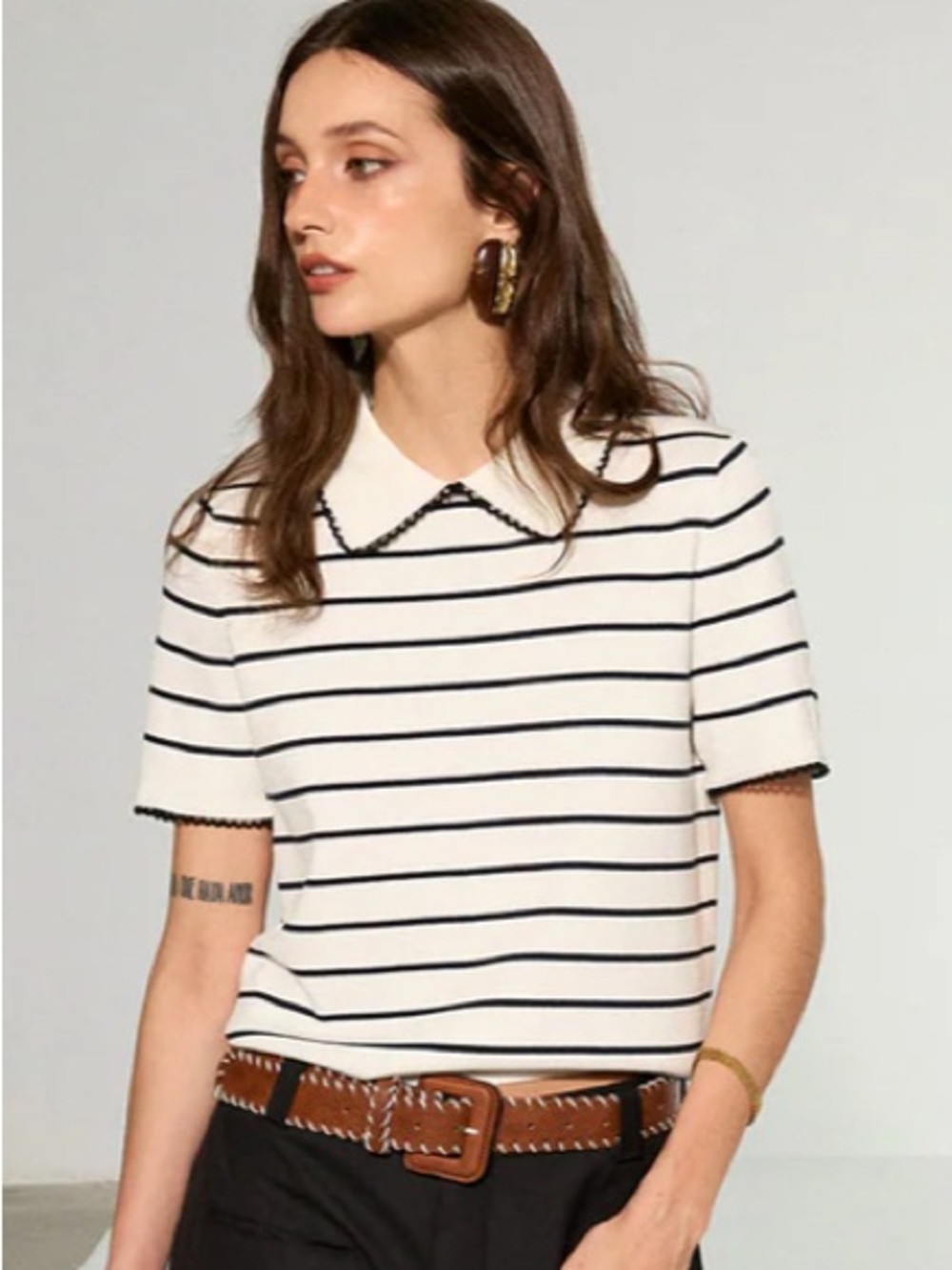 Commense Cream Striped Short-Sleeve Polo Top